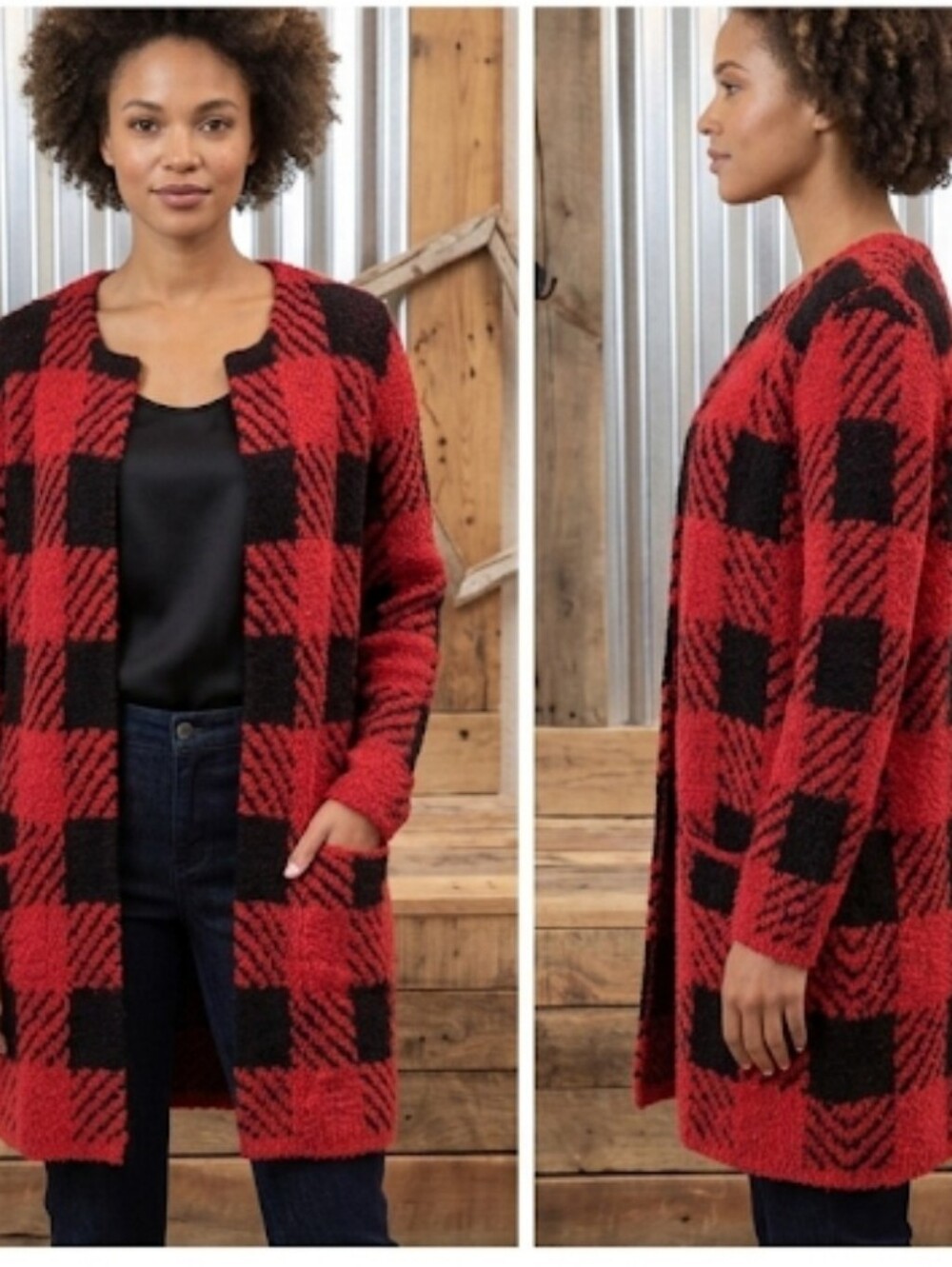Big check nubby knit sweater Coat S August Silk red & black